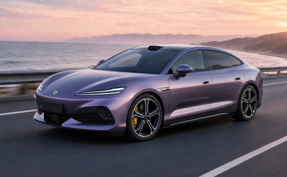 Dawn Purple BYD Denza Z9S luxury electric fastback driving on a coastal highway