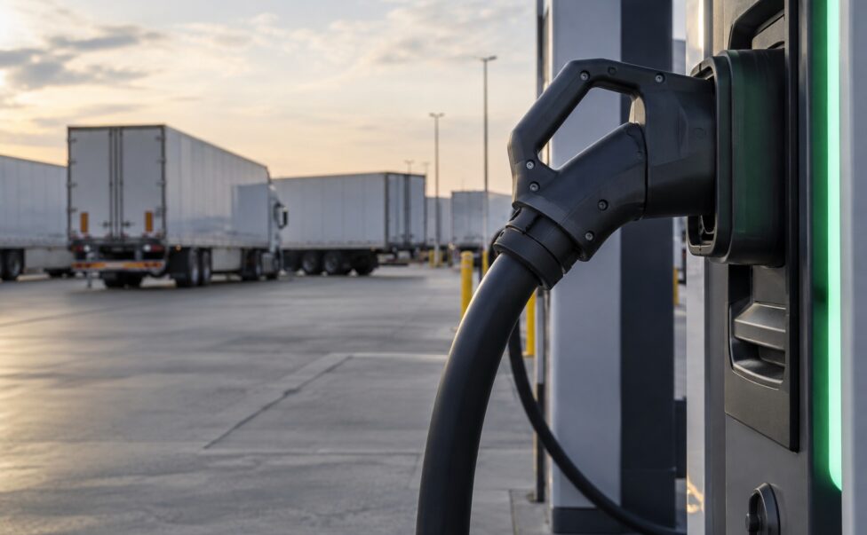 Heavy-duty charging connector at a commercial vehicle depot