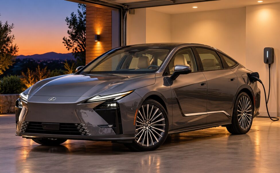 Gray Lexus ES sedan plugged into a home wall charger in a garage