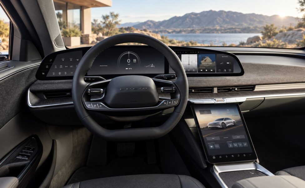 Lucid Air dashboard with a curved driver display and lower center touchscreen.
